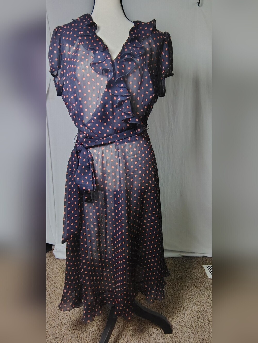 MSK Sheer Navy Blue Polka Dot Ruffle Dress Size 12